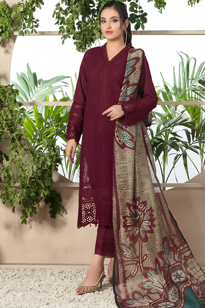 3PC EMBROIDERED DHANAK DRESS LILAC RP